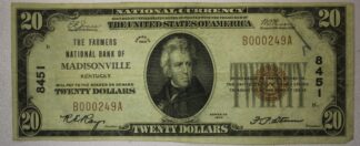 1929 National Currency $20 Farmers National Bank of Madisonville Kentucky Charter #8451 Fine