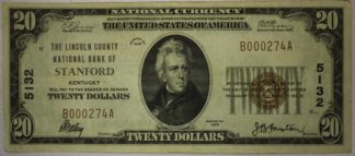 1929 National Currency $20 Lincoln County National Bank of Stanford Kentucky Charter #5132 Very Fine
