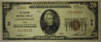 1929 National Currency $20 Dollars The Second National Bank of Cincinnati Ohio Charter #32 Fine to VF