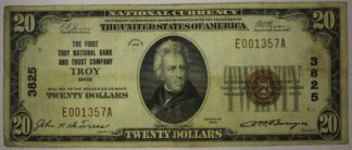 1929 National Currency $20 Dollars Troy Ohio First Troy National Bank and Trust Company Charter #3825 VG to Fine