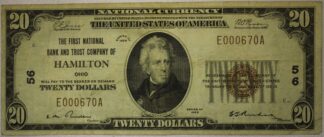 1929 National Currency $20 First National Bank & Trust Company of Hamilton Ohio Charter #56 Fine