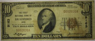 1929 National Currency Ten Dollars First National Bank of Bradford Ohio Charter #9163 Very Good