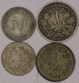 1876-1925 German Silver Coins: One Mark, 1/2 Mark & 50 Pfennig