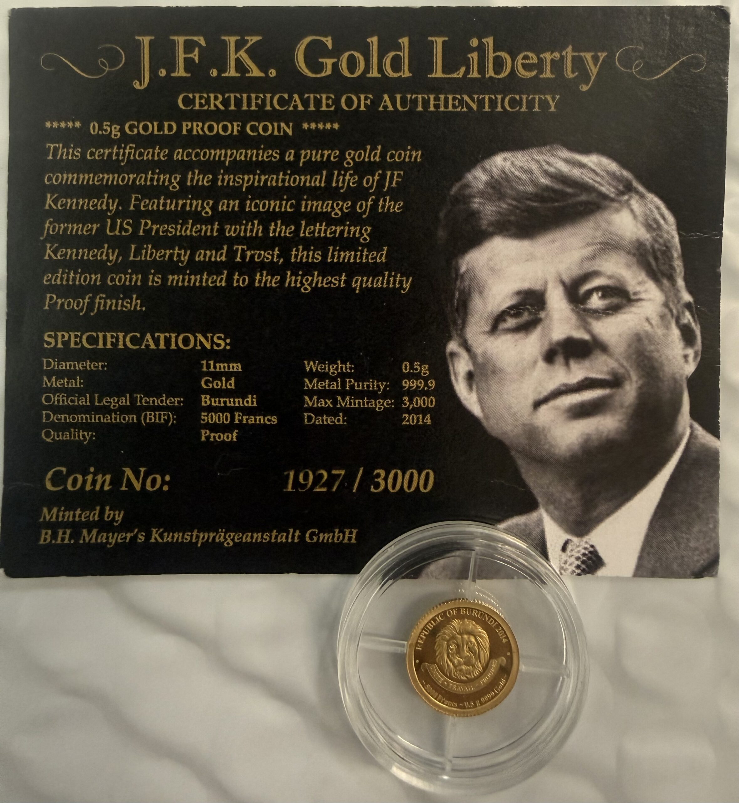 2014 Republic of Burundi 5000 Francs 0.5 Gram Gold JFK Gold Liberty - Image 2