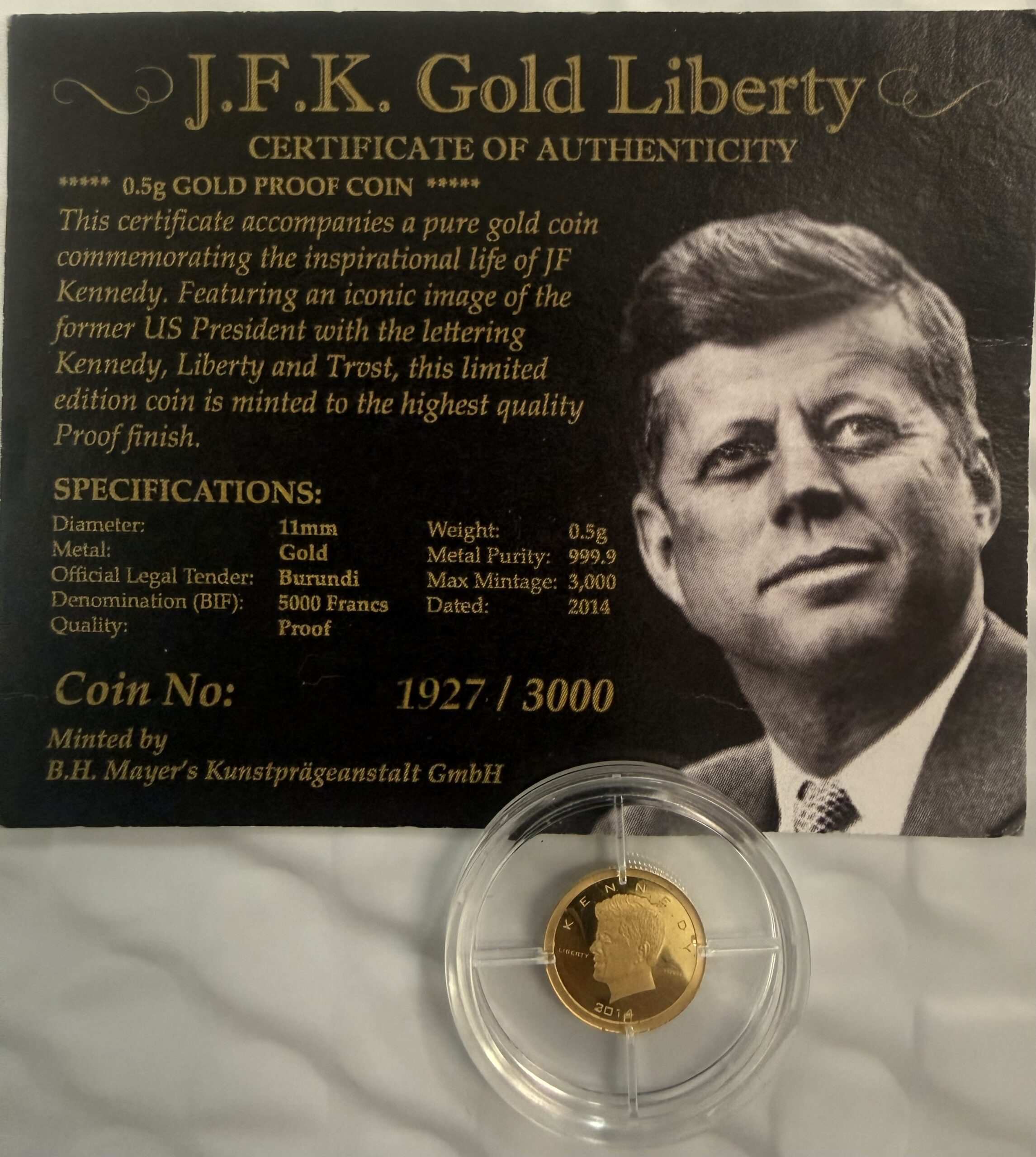 2014 Republic of Burundi 5000 Francs 0.5 Gram Gold JFK Gold Liberty