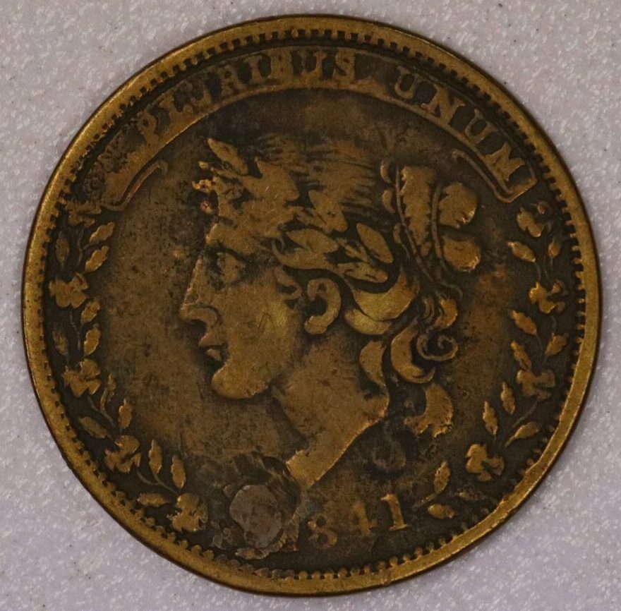 AUCTION- 1841 Hard Times Token Millions for Defense Not one Cent for Tribute (Holed & Plugged)
