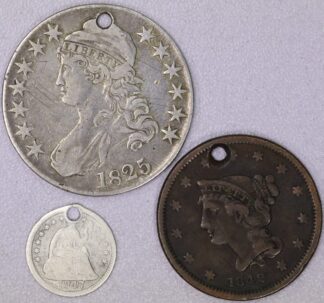 AUCTION-  1825 Capped Bust Half, 1847 Seated Half Dime & 1842 Large Cent ALL HOLED