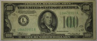 1934 One Hundred Dollars Federal Reserve Note Light Green Seal San Francisco District VF+