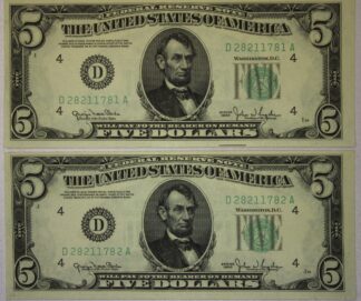 1950 Five Dollar Federal Reserve Notes Cleveland District Two Consecutive Serial Numbers Uncirculated