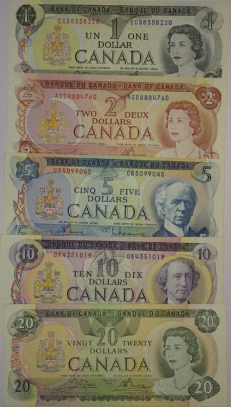 1970's Canada One, Two, Five, Ten & Twenty Dollar Bank Notes AU-UNC