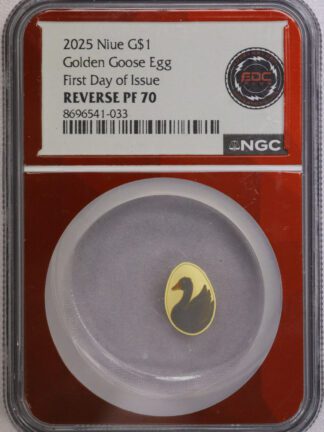 2025 Niue Gold One Dollar Golden Goose Egg NGC First Day of Issue Reverse PF70