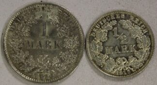 1915-E Half Mark & 1914-D One Mark German Empire Coins 90% Silver Both UNC
