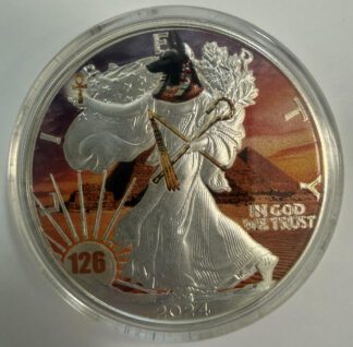 2024 1oz Silver Eagle Anubis Head and Pyramid Background