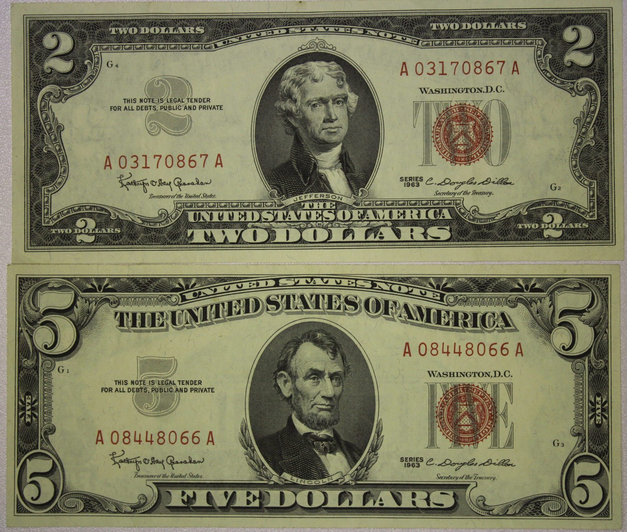 AUCTION- 1963 United States Notes (Red Seal) Two and Five Dollar Notes AU to UNC