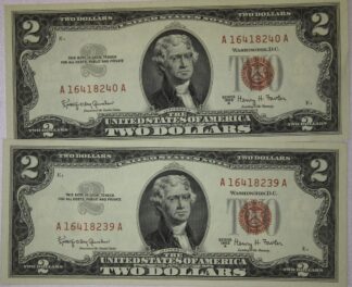 1963-A Two Dollar Bills Consecutive Numbers UNC.