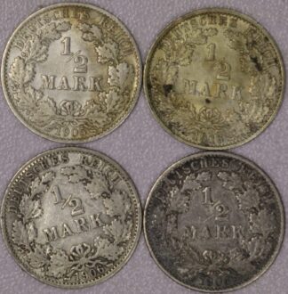 1905-E, 1906-A, 1906-E & 1916-G German 1/2 Mark 90% Silver Coins