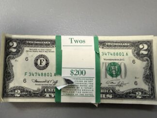 Auction- Bank Bundle of 100 1976 Consecutively Numbered $2 Bills; Front and Rear bills have folds