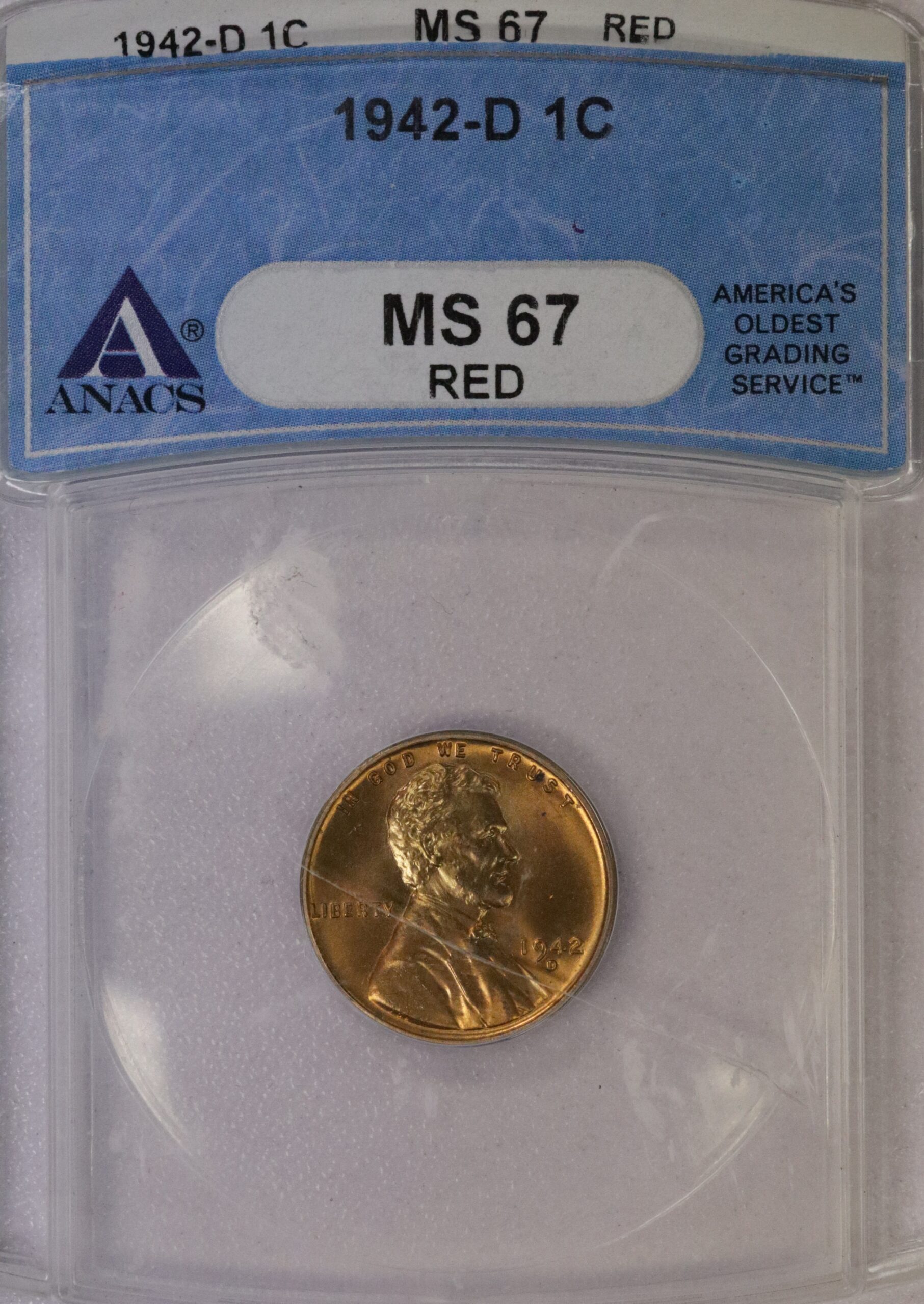 Auction- 1942-D Lincoln Cent ANAC MS67 Red, Cracked Holder