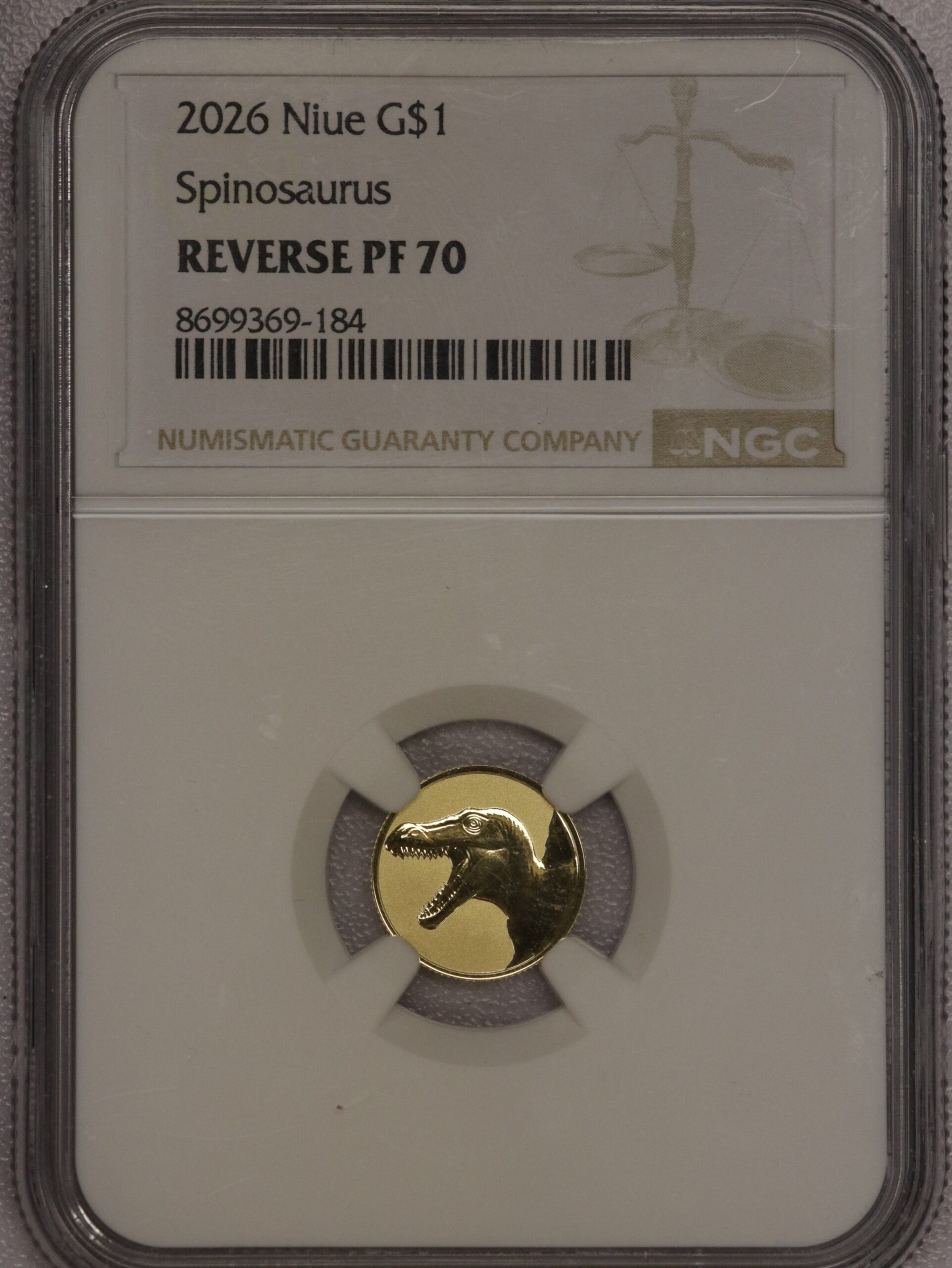 Auction - 2026 Spinosaurus $1 Gram 22kt Gold PF70 NGC