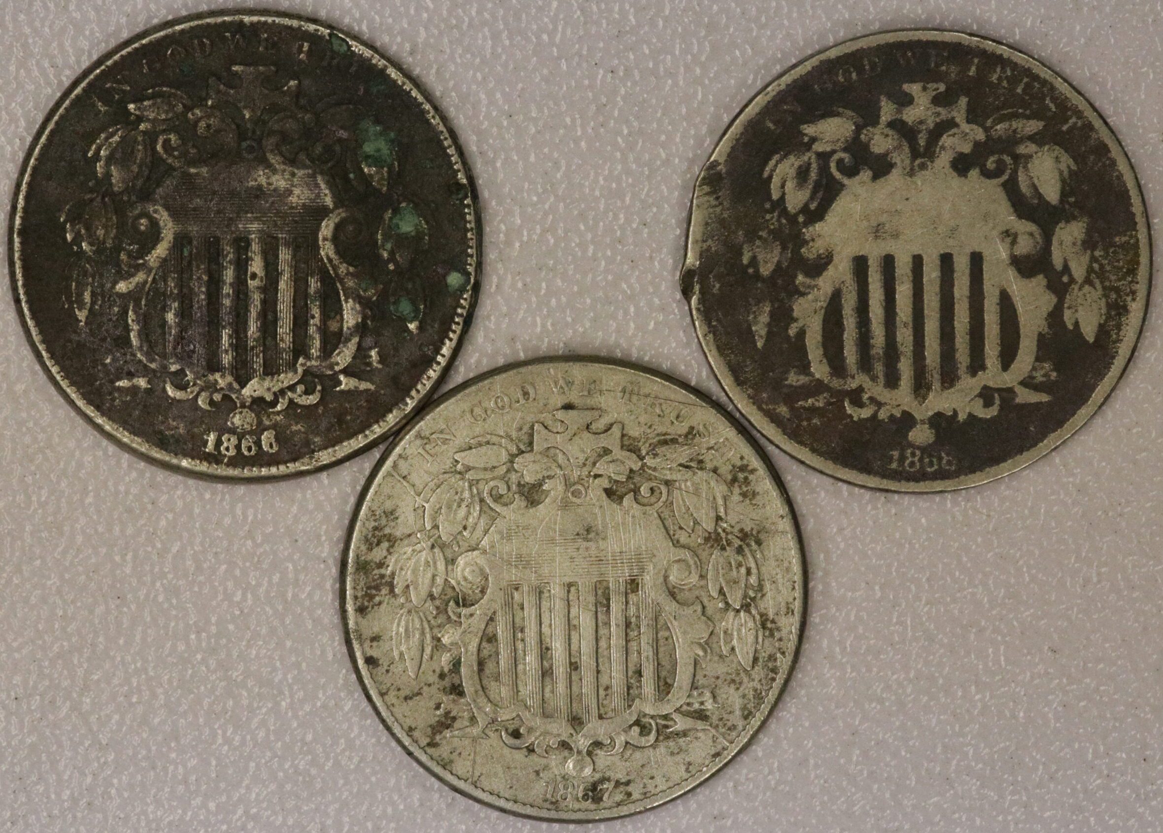 AUCTION- 1866, 1867 & 1868 Shield Nickels Corroded & Cleaned