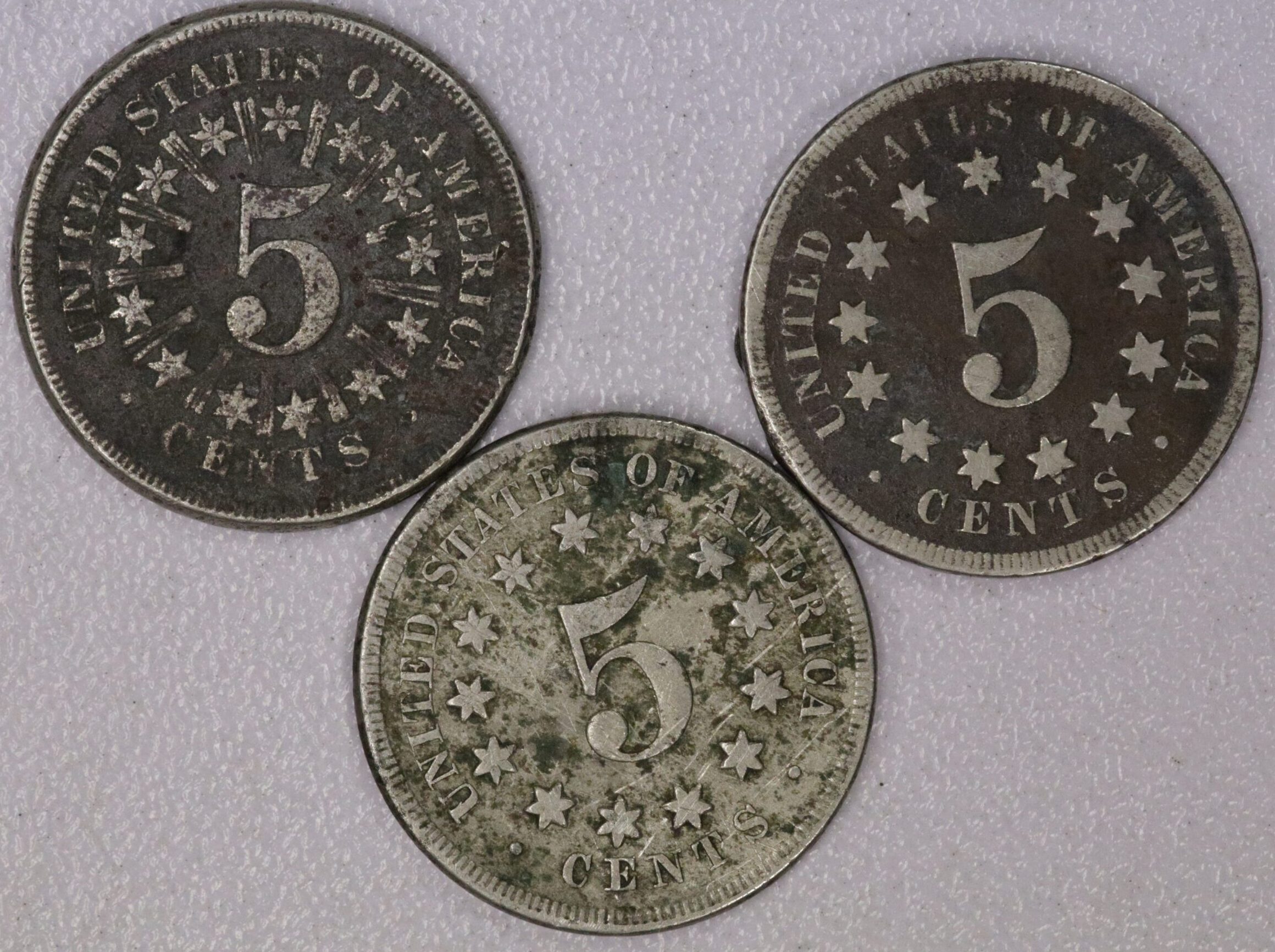 AUCTION- 1866, 1867 & 1868 Shield Nickels Corroded & Cleaned - Image 2