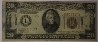 AUCTION-   1934-A Twenty Dollar Federal Reserve Note HAWAII Overprint Circulated & Stained