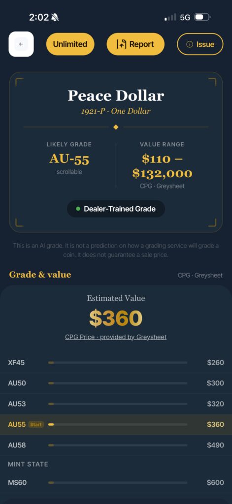 coinailyzer grading results for a 1921 peace dollar