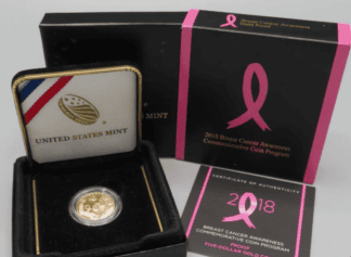 2018 Breast Cancer Awareness UNC $5 Dollar GOLD Commemorative OGP