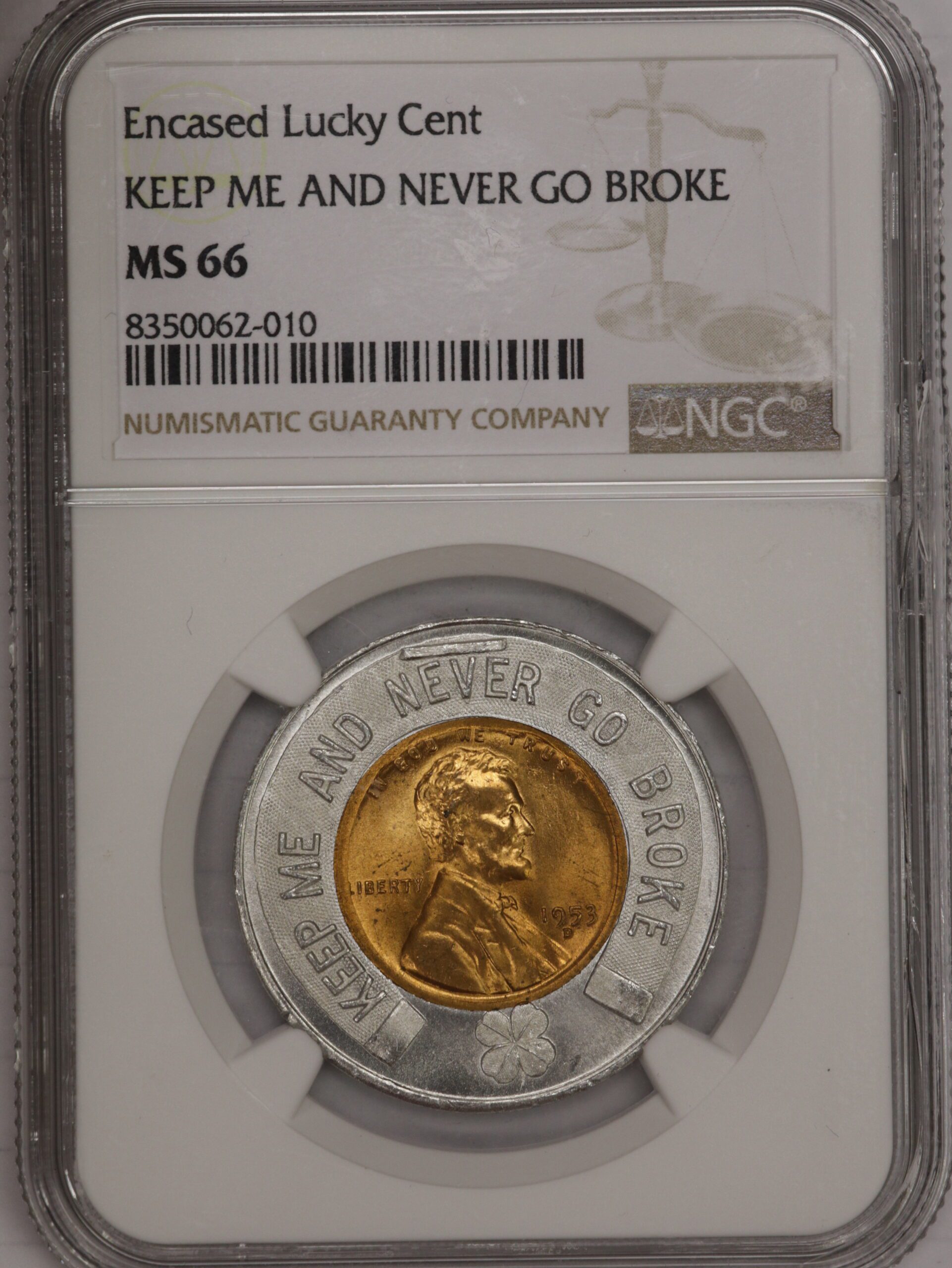 Auction-1953-D Lincoln Cent "Keep Me and Never Go Broke" NGC MS66