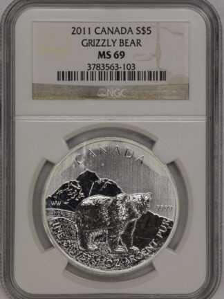 Auction-2011 Canada 1 oz Silver Grizzly Bear NGC MS69 Milky Around Rim