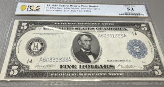 1914 $5 Federal Reseve Note FR847A PCGS AU53