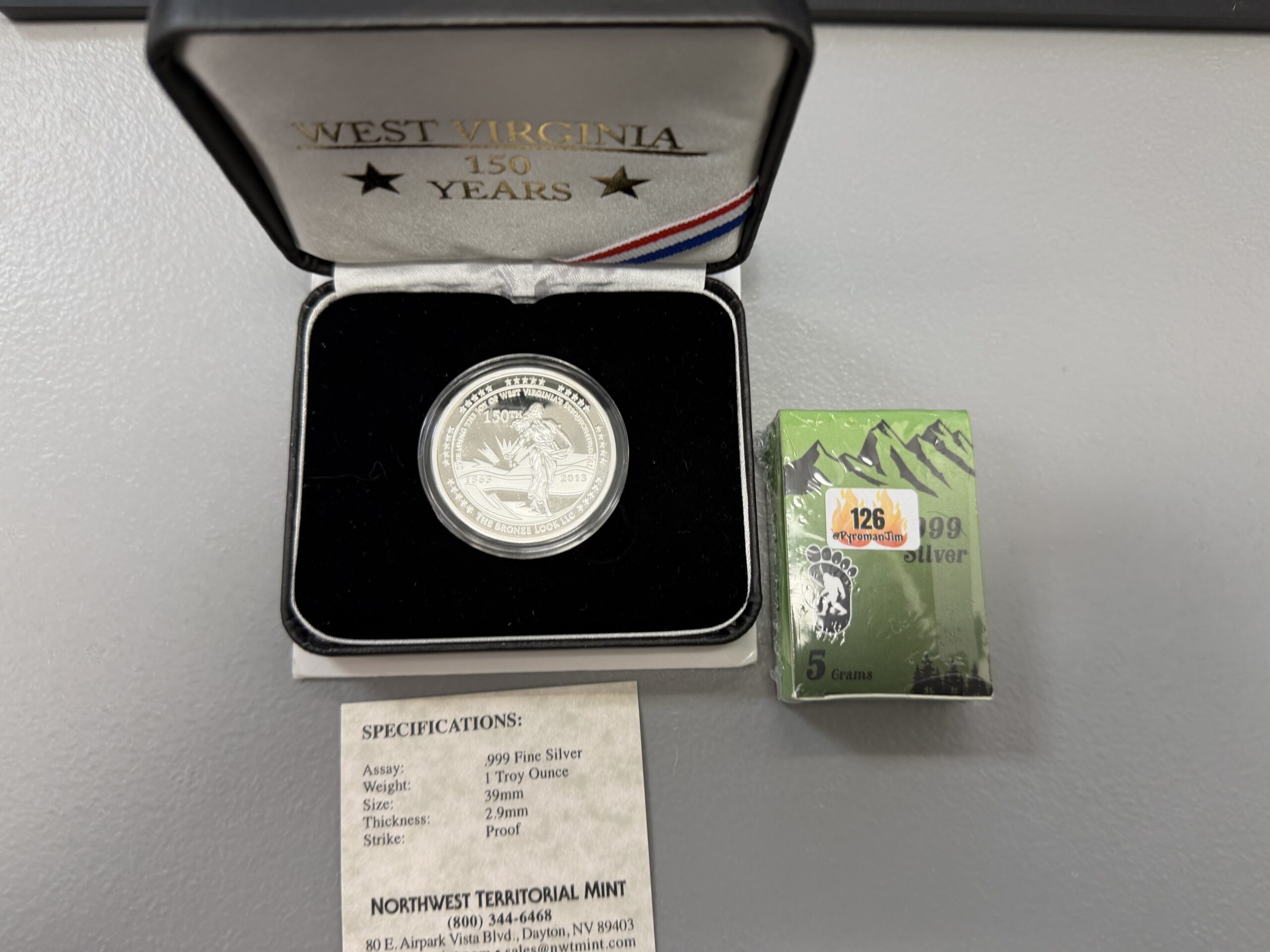Auction- West Virginia 150 Years Northwest Mint 1 Ounce .999 Silver and Sealed 5 Gram Sasquatch Bar