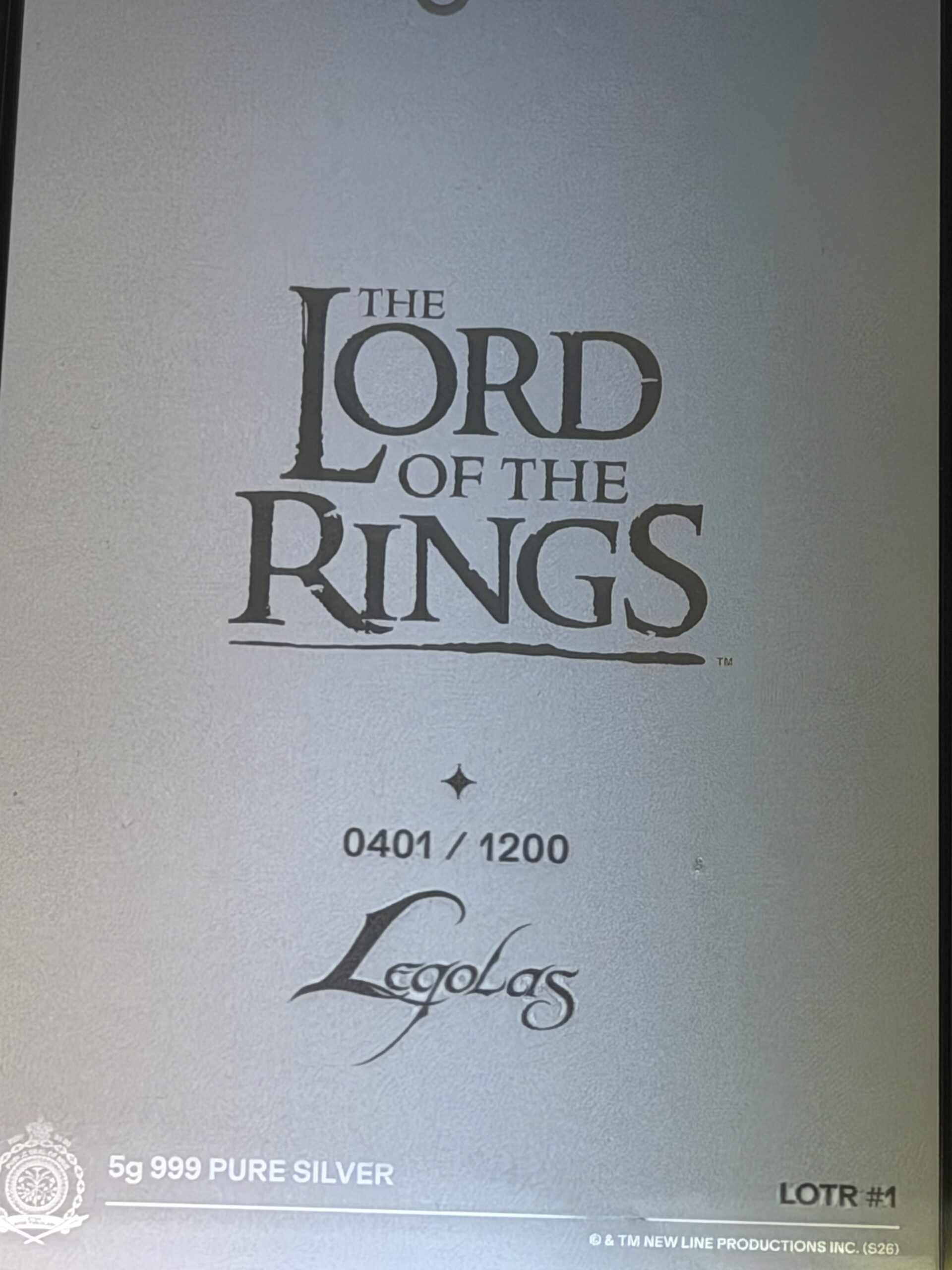 Auction-Agoro Lord of the Rings Legolas Precious Metals Collectible .5 Gram Pure Silver - Image 3