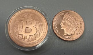 Auction- Two (2) Copper Rounds: 1877 One Ounce Copper Round and 2 Ounce Bitcoin Copper Round