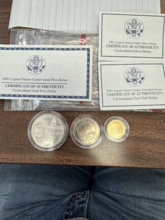 2001 Capitol Visitor Center 3 Coin UNC Commemorative Set OGP - With $5 Gold, $1 Silver, And Clad Half Dollar Comms