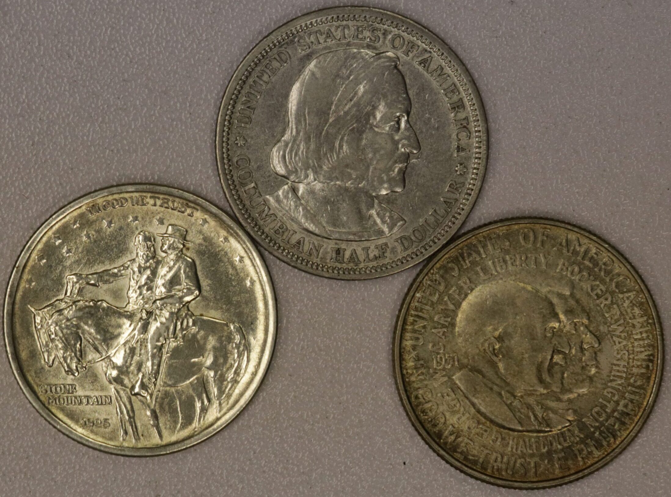 AUCTION- 1893 Columbian, 1925 Stone Mountain & 1951 Washington Carver Commemorative Half Dollars All Cleaned
