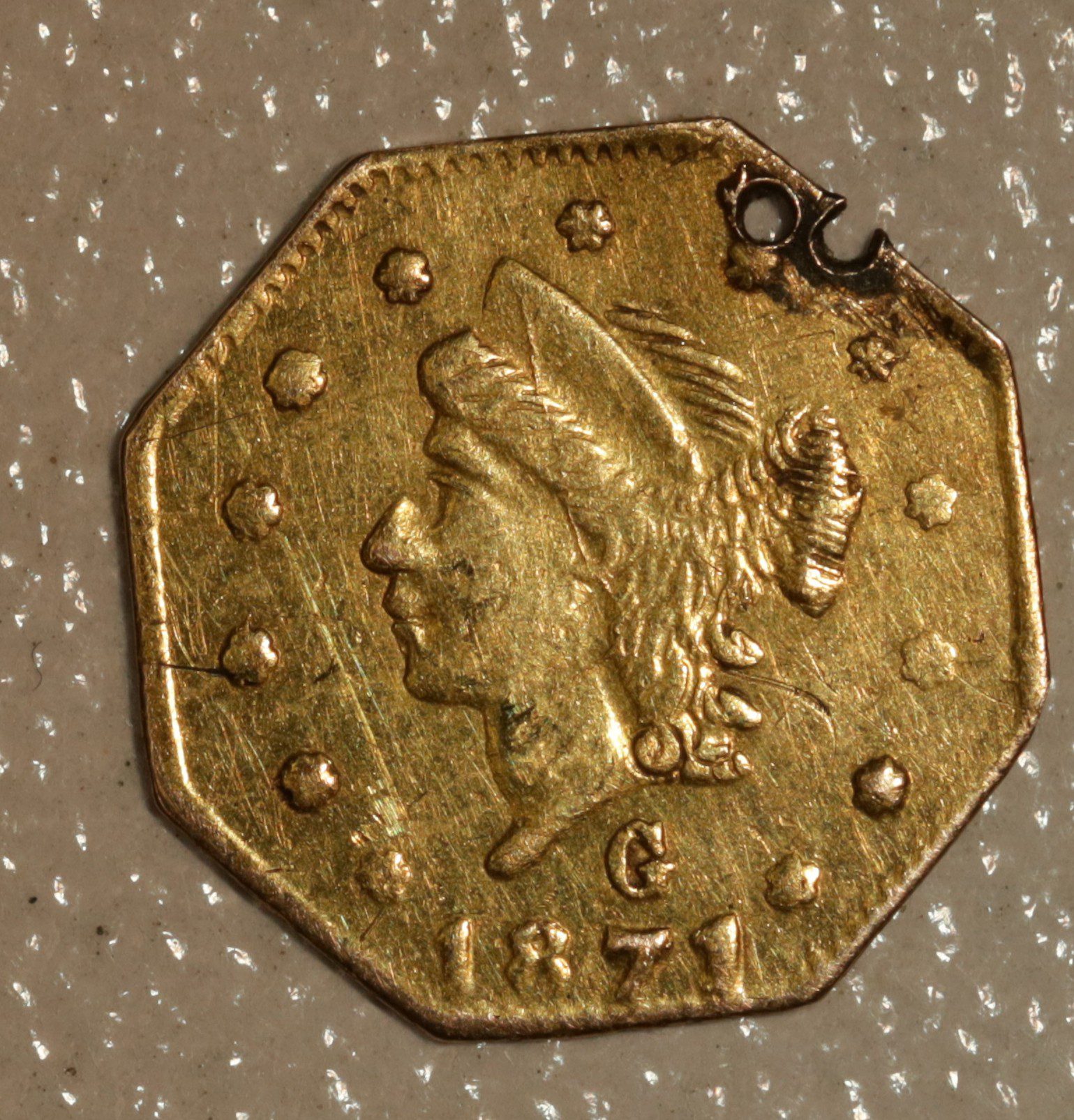 Auction- 1871 California 1/4 Dollar Gold Piece Damaged