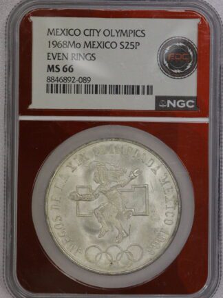 Auction- 1968 Mexico City Olympics Silver 25 Pesos NGC MS66 Even Rings