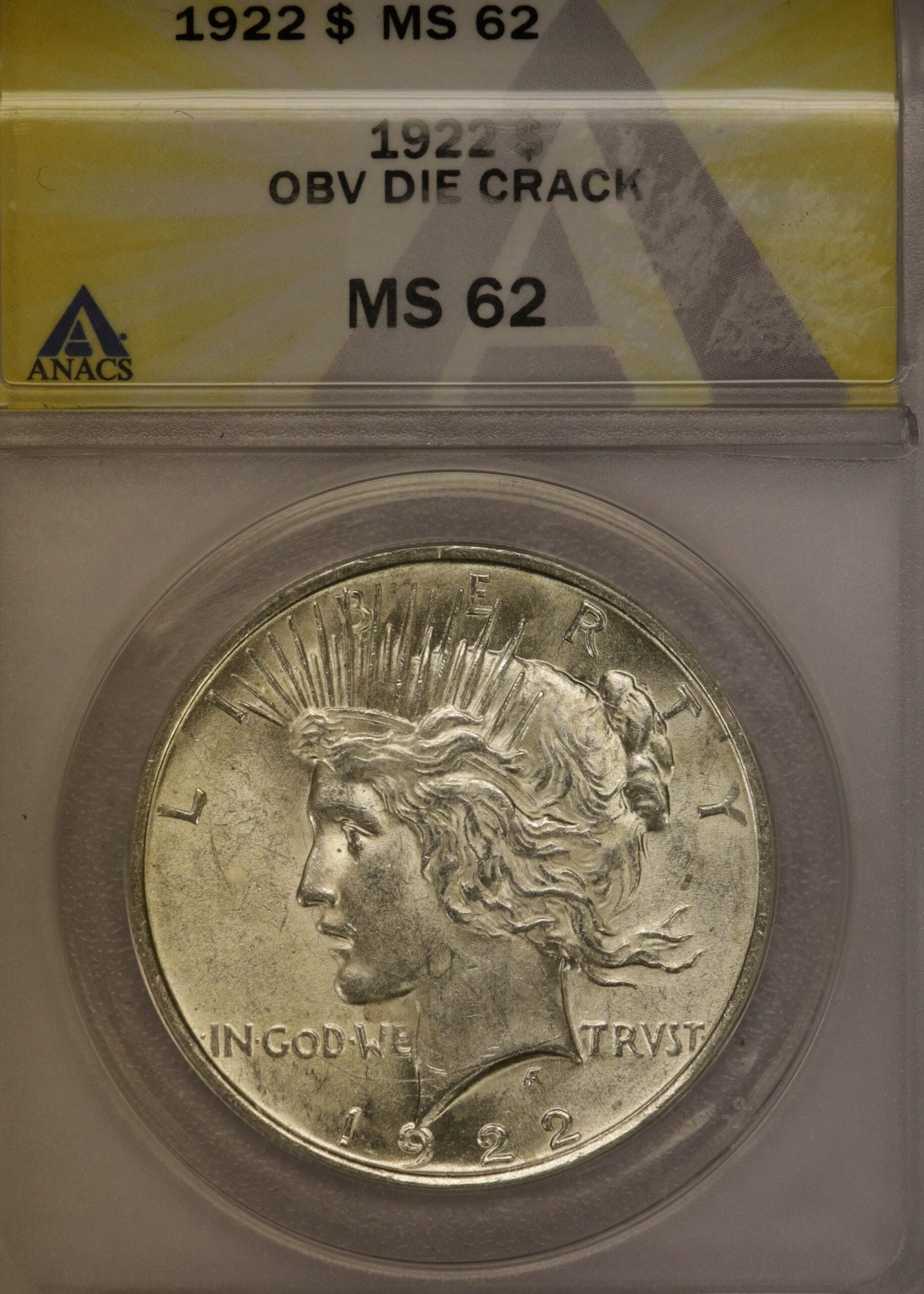 Auction- 1922 Peace Dollar ANACS MS62 Obverse Die Crack