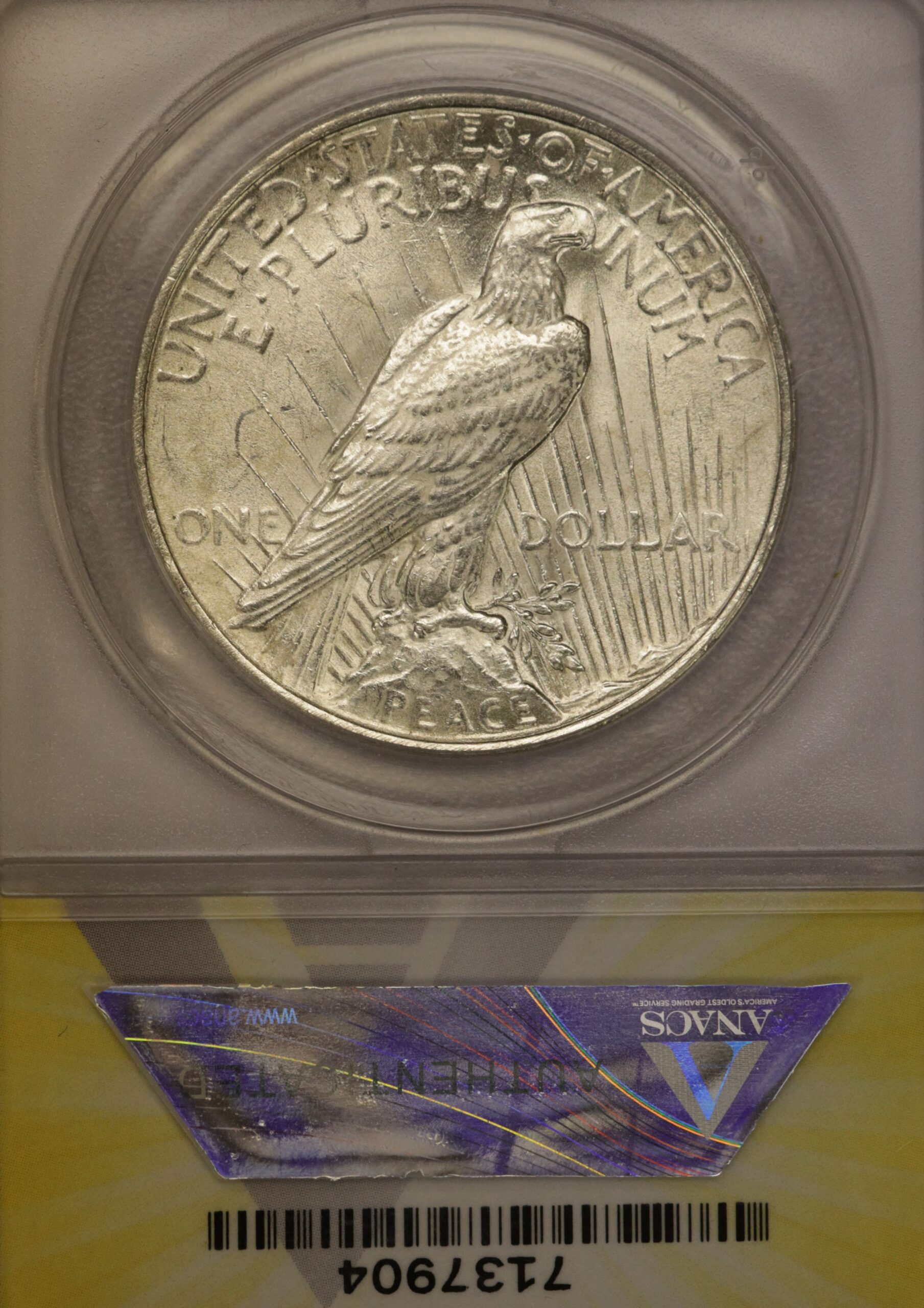 Auction- 1922 Peace Dollar ANACS MS62 Obverse Die Crack - Image 2