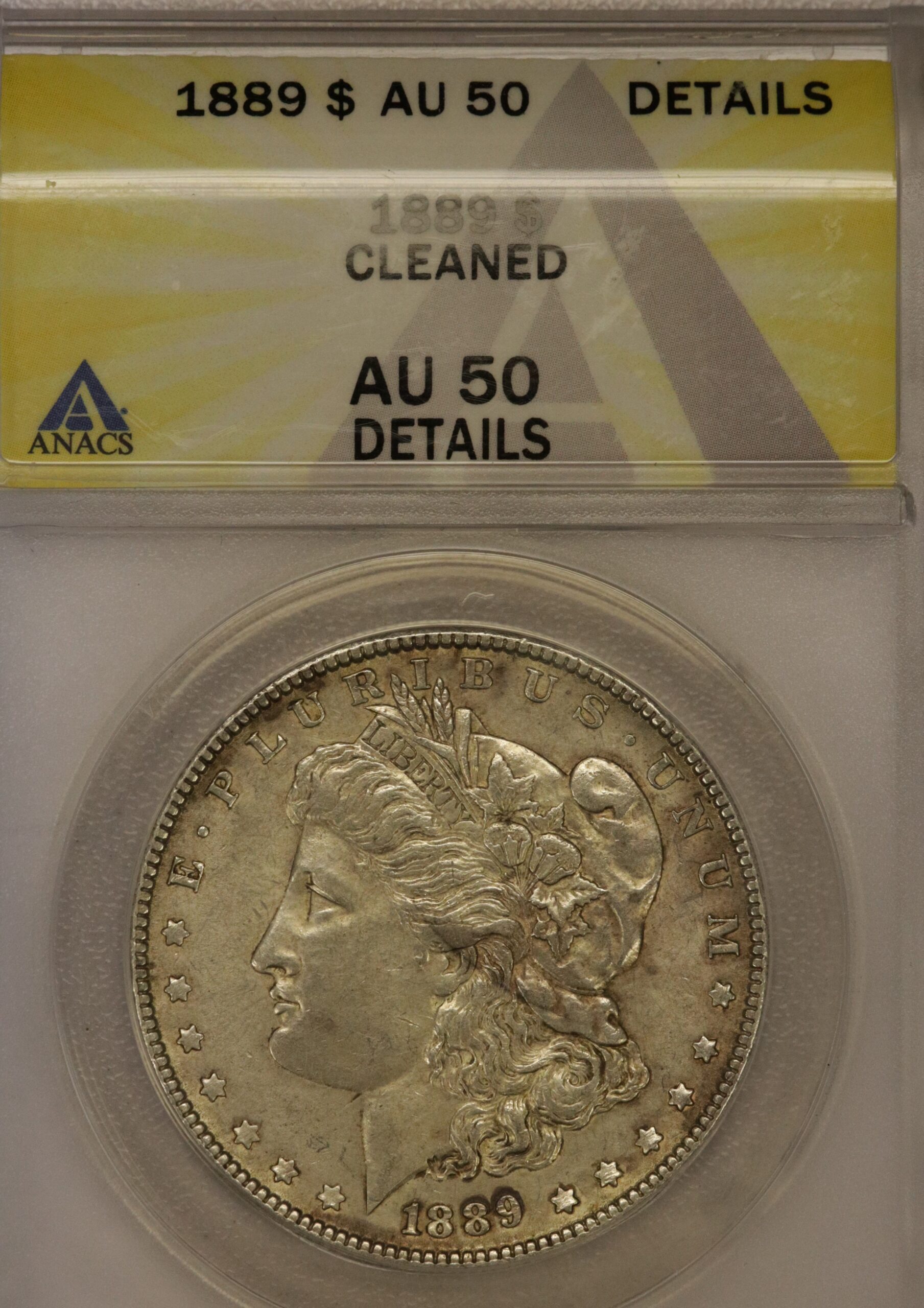 Auction- 1889 Morgan Dollar ANACS Cleaned AU50 Details