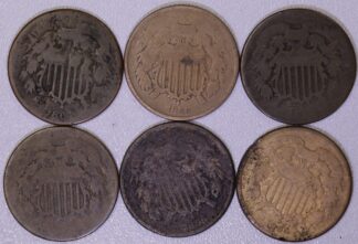 AUCTION- 6 Cull Two Cent Pieces Cleaned, Worn & Corroded