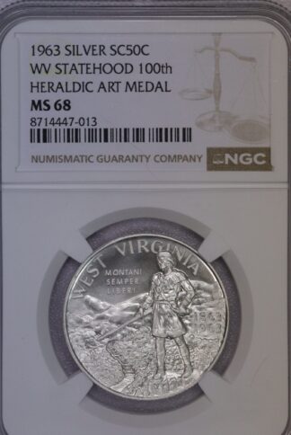 1963 Silver 50C WV Statehood 100th Heraldic Art Medal NGC MS68