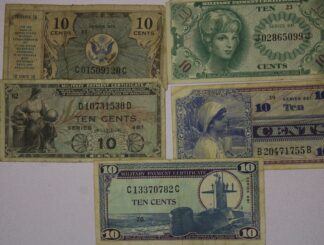5 Different Ten Cent Military Payment Certificates (MPC'S) Series 472, 481, 641, 661 & 681