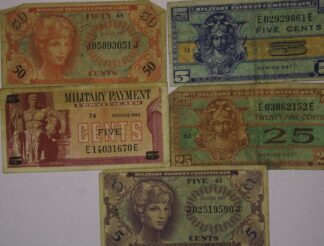 5 Different Military Payment Certificates 5, 25 & 50 Cent Denominations Series 521 (2), 641 (2) & 692