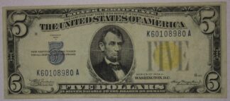 1934-A Five Dollar Silver Certificate NORTH AFRICA Yellow Seal F-VF