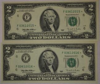 1995 Two Dollars Federal Reserve STAR NOTES Two Consecutive Numbered Notes UNC