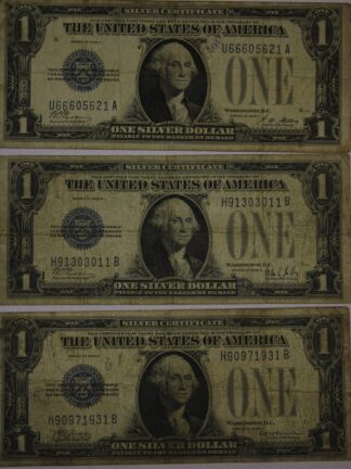 AUCTION- 1928-A, 1928-B & 1928-D One Dollar Silver Certificates All Worn & Stained