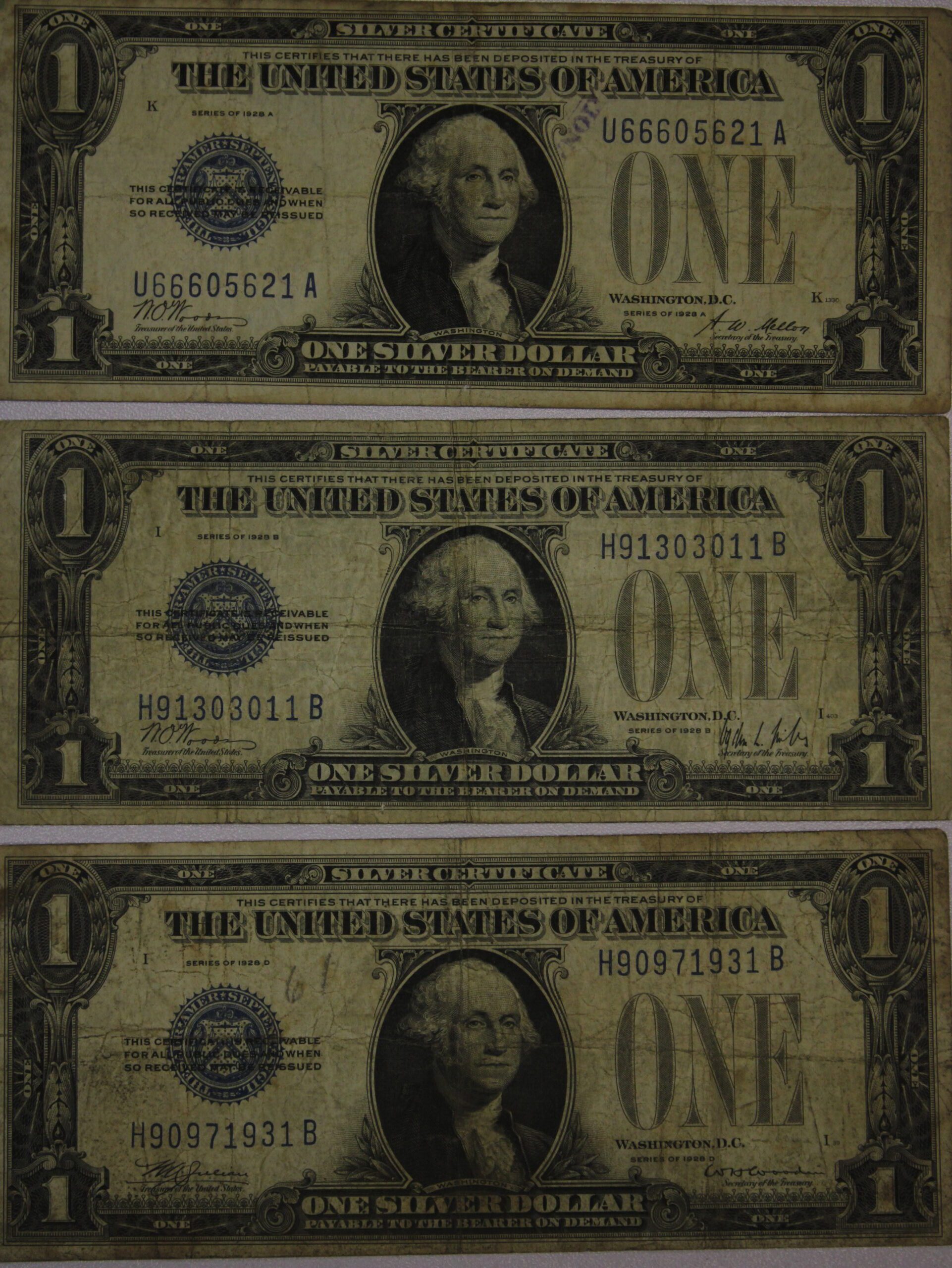 AUCTION- 1928-A, 1928-B & 1928-D One Dollar Silver Certificates All Worn & Stained