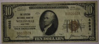 AUCTION- 1929 Ten Dollars National Currency Citizens Bank of Wellsville New York Charter # 4988 Fancy Serial Number